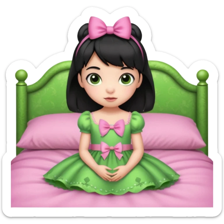 princess frog on bed pink bow with a pink dress cute girly pop black hair short baby bangs sticker