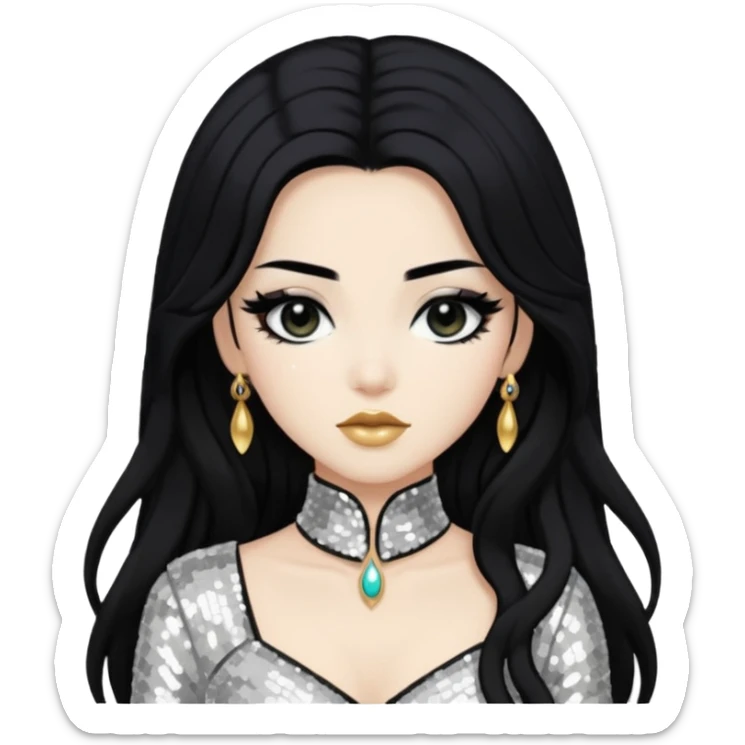 Anck Su Namun from Universal Monsters with long jet black hair, ivory sequin outfit  sticker