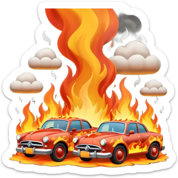 A 3D cartoon scene of cars on fire with smoke rising, chaotic atmosphere, realistic lighting, Memoji-style. sticker