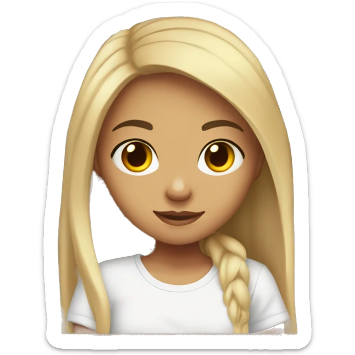 a girl with a light skin tone, dark long hair, in a white T-shirt, sits in front of a computer, there are books next to her sticker