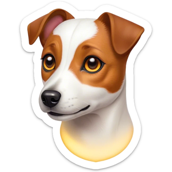 Cinematic Noble Jack Russell Terrier Portrait Emoji, Poised and spirited, with a compact, agile build in rich, warm tones, bright, alert eyes, perky ears, and a determined, lively expression, Simplified yet sharp and sophisticated features, highly detailed, glowing with a warm, natural luminescence, high shine, intelligent and resilient, stylized with an air of energetic authority, focused and alert, soft glowing outline, capturing the essence of a watchful and confident Jack Russell Terrier that appears ready to bound out of the screen with effortless energy! sticker