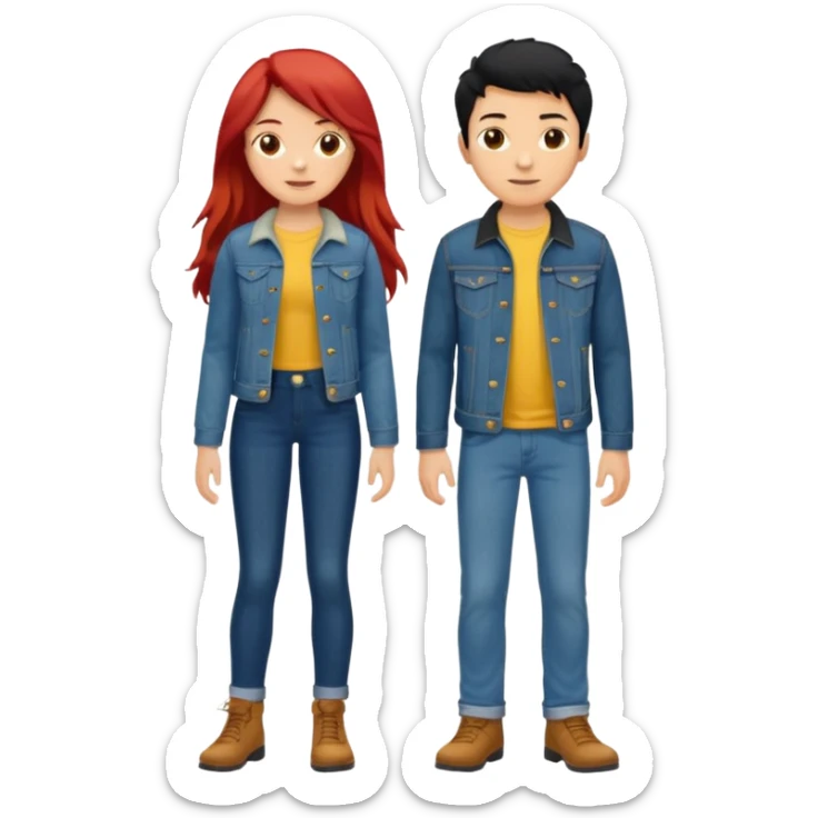 full-length couple, girl with long red hair and brown eyes in blue jeans and yellow top, boy with black hair in denim jacket sticker