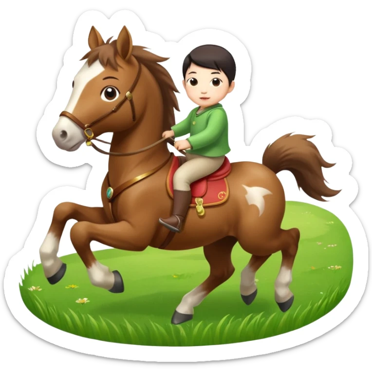 l little chinese baby riding on a  cute horse running really fast on the grass with 2026 year's label sticker