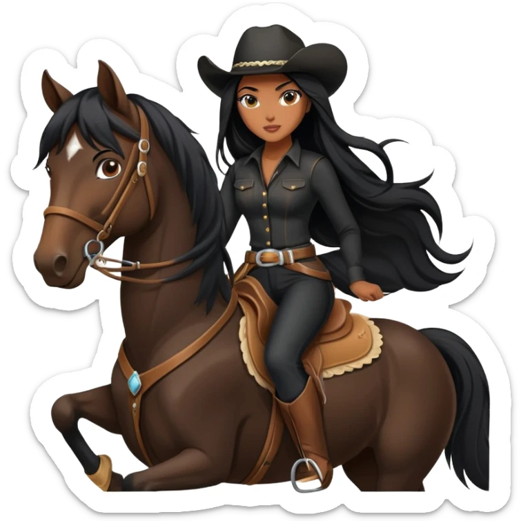 confident hot tanned woman with long black hair wearing black outfit riding a horse cowgirl style sticker