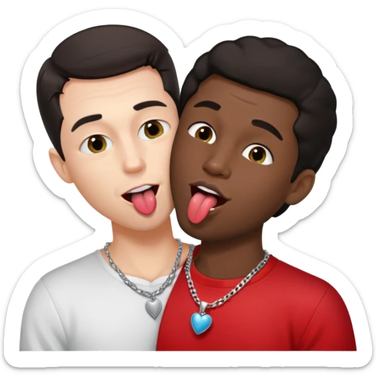 1 White adult male dark hair ,1 black adult male silver necklace, nude,kissing tongue open mouth  sticker