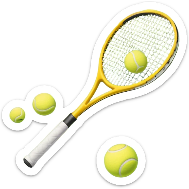 A tennis racket and a ball placed on a grassy court, with the net visible in the background. The scene captures the elegance and energy of the sport, with a vibrant green court and soft sunlight highlighting the equipment. sticker