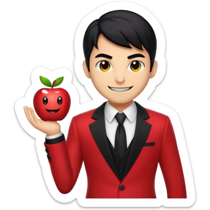 Lucifer from Hazbin Hotel as an apple-style emoji, elegant and charismatic, with his signature suit and confident smile sticker
