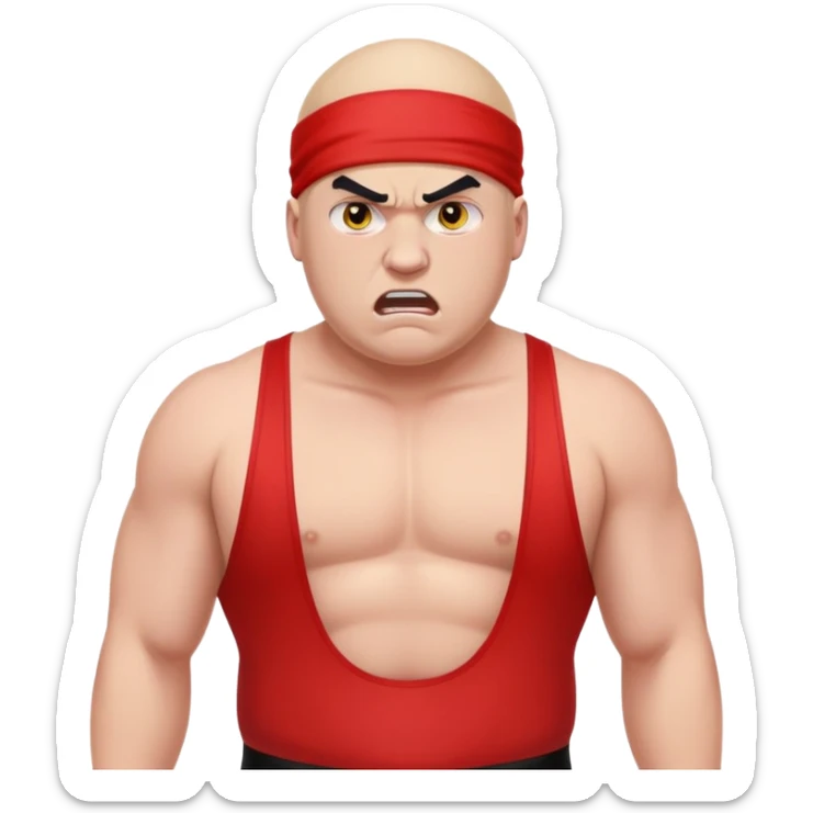 Close-up of white skin fat guy with young face, no muscle with prominent black durag, completely shaved face, no beard or mustache, black eyes in a red and black wrestling singlet with angry face sticker