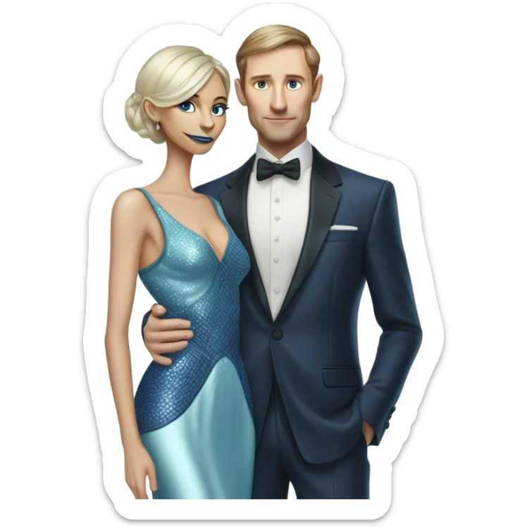 alien reptilian woman, in long slim pastel blue formal party satin dress with gradient shiny sparkling navy blue diamonds embroidered , and caucasian man in black dress sticker
