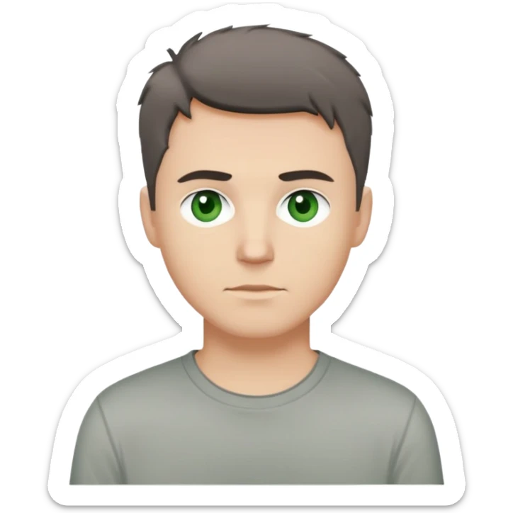 white man with dark messy short hair, dark green eyes, wearing a gray t-shirt sticker