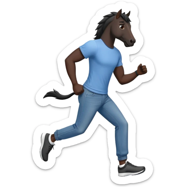friendly anthropomorphised black stallion in jeans and a t-shirt, jogging upright in relaxed pose sticker