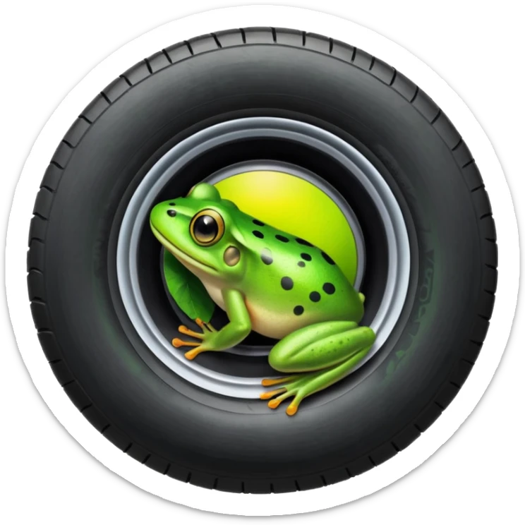 Frog head on top of tire. The tire is the body and the legs are on the bottom of the tire sticker