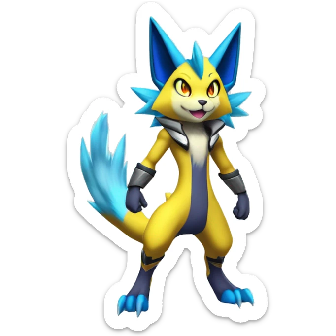 Yellow Shiny Colorful Anthro Edgy Cool Sonic-Zeraora-Renamon-Pokémon-Fakémon with shiny blue markings Full Body Detailed High Quality  sticker