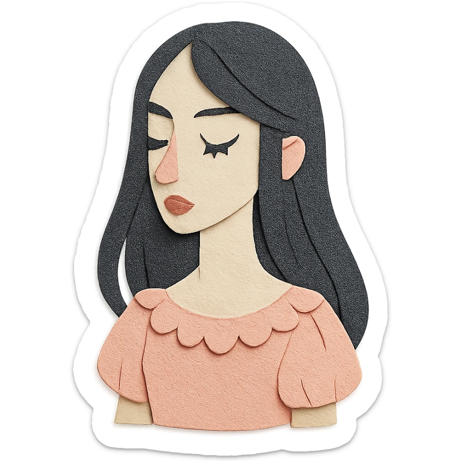 paper craft style illustration of a pale girl with long dark hair, pointy tip nose, full lips, long lashes, v-shaped jaw, wearing a frilly light pink dress sticker