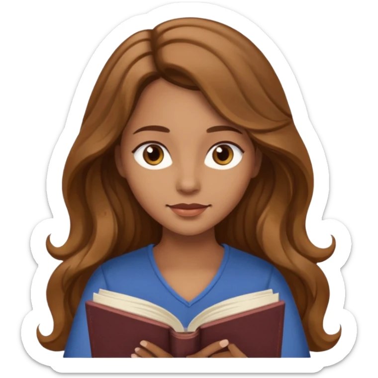 cute emoji of a woman with long light brown wavy hair and light brown eyes reading a book peacefully sticker
