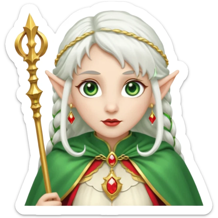 an elf with very white hair and two long pigtails on the side of her head, she has a curtain bang, green eyes, she has a white cape with golden borders and a scepter with a red orb, she has earrings that look like red drops sticker