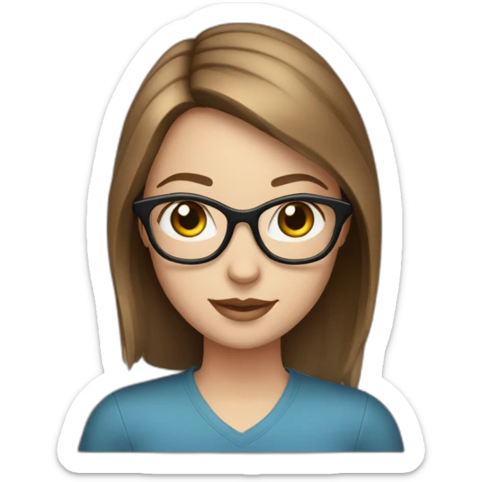 young white woman with brown straight hair and blue eyes wearing glasses with black frame sticker