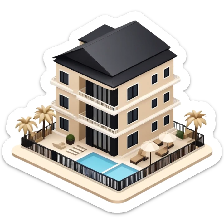 Isometric exterior little black, beige, and white resort hotel, modern dollhouse style 3D realistic  sticker