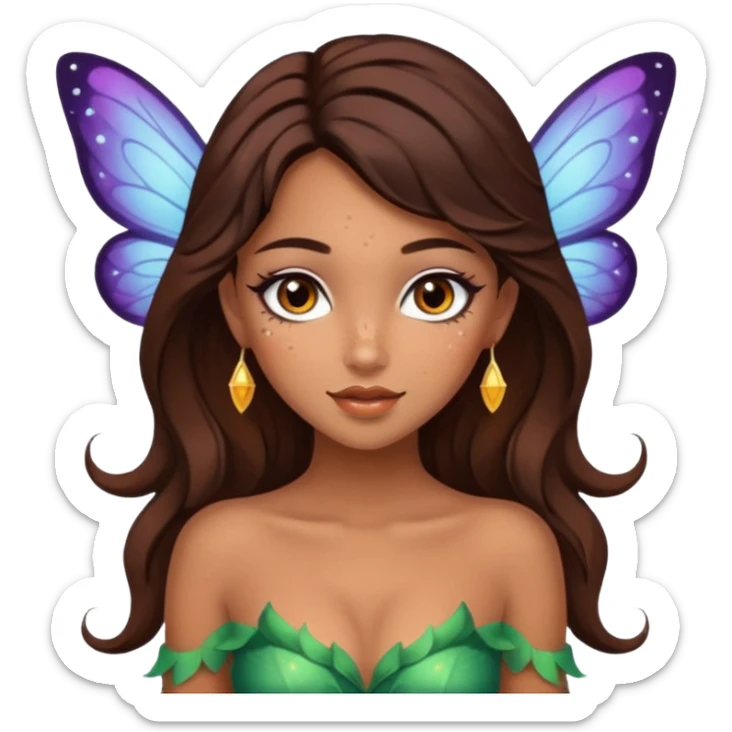 Pretty girl with caramel skin. Dark brown hair and brown eyes. She has freckles. Wearing sexy makeup. Wearing a fairy costume. wearing heels sticker
