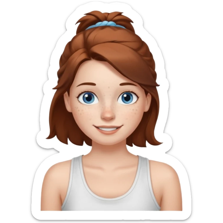 Una chica de tez blanca con pecas, nariz respingada, labios gruesos, ojos grandes color azul grisáceo, pelo largo, lacio, color castaño. Con una blusa de tirantes blanca. Que este sonriendo y q solo se vea de la cintura hacía arriba sticker