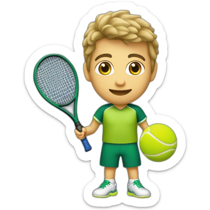 Ragazzo riccio con occhi verdi con maglietta gialla gioca stanco con una racchetta da tennis sticker