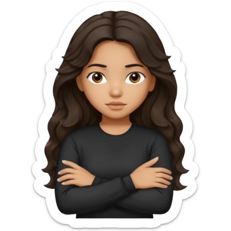 Hispanic girl dark long wavy hair crossing her arms with slight pout wearing a black long sleeve shirt sticker