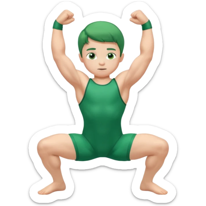 Little boy in a green leotard flexing his arms and bending his knees sticker