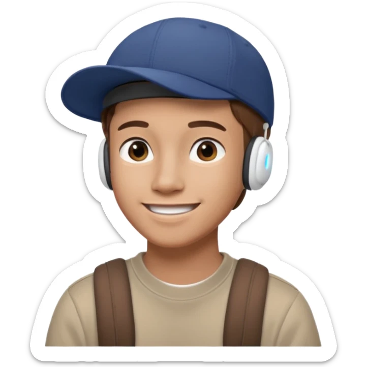 Only the head of a young guy with brown hair smiling with airpods in his ears and a cap on his head turned back. sticker