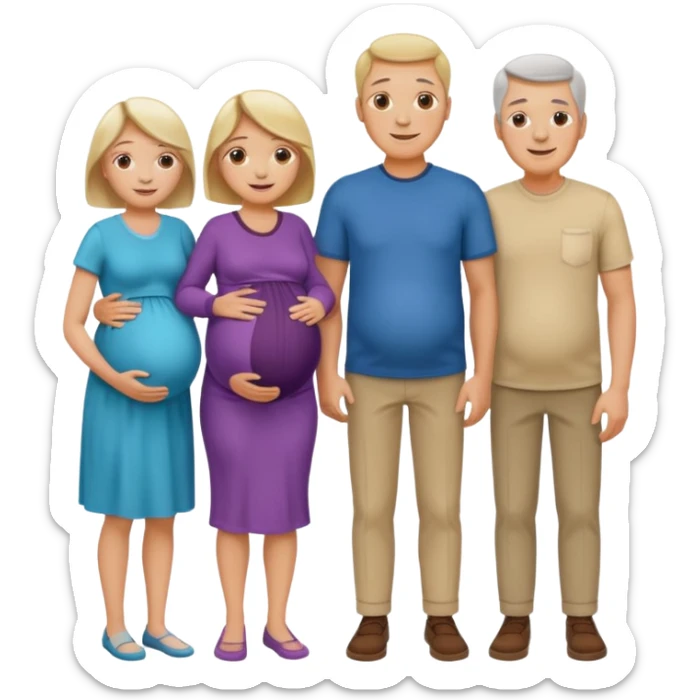 I want a couple with a wife that’s pregnant and then on the male side standing next to him is his family mom is sick the dad is fine  and his siblings and grandparents are okay smiling. sticker