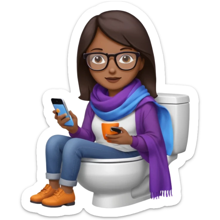 Fille châtain foncé avec lunettes. Elle porte une grosse écharpe violette, bleu et orange. Elle assise dans une cuvette de toilette. Téléphone en main. Realiste sticker