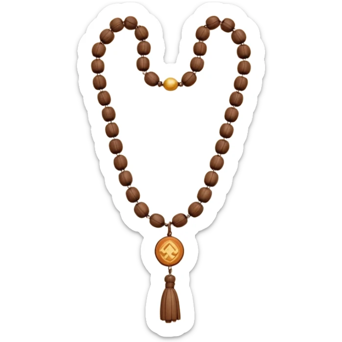 monk necklace object icon, wooden prayer beads with simple pendant, spiritual minimal design, natural wood texture, subtle sacred aura, 3D cartoon style, mobile game icon style, centered, clean background, no text, no watermark
 sticker