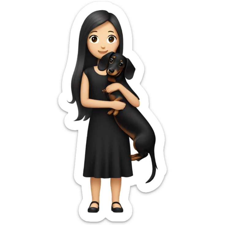 an Asian girl with long hair, wear black dress, hugging a black and tan long haired dachshund sticker