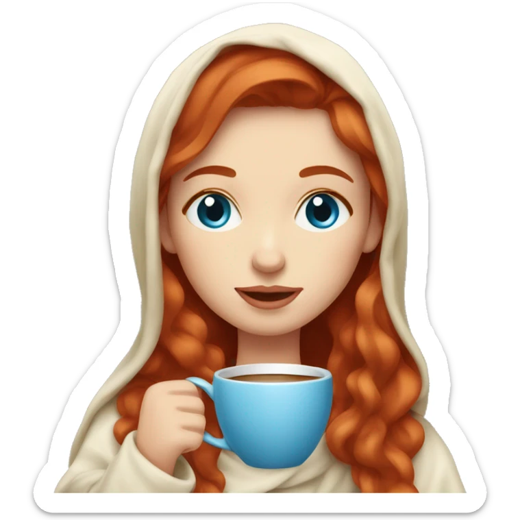 Red head girl with blue eyes in a cream blanket sipping coffee sticker