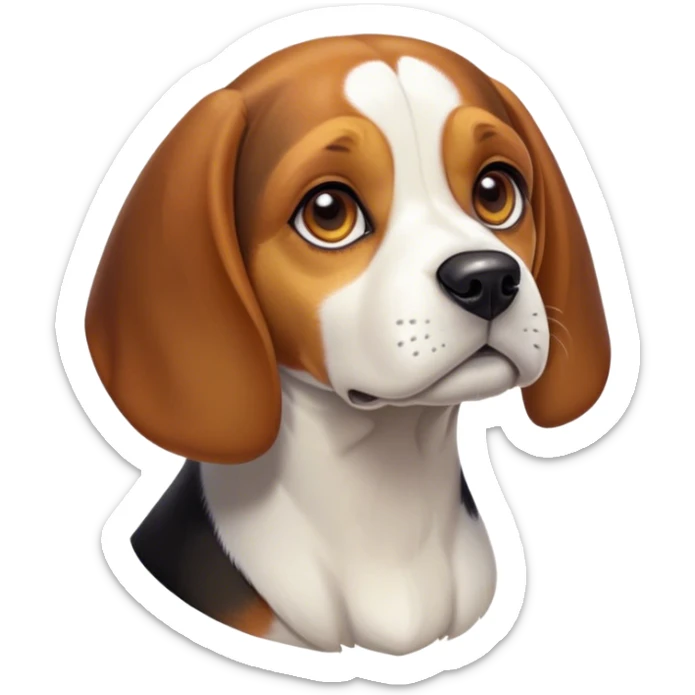 Cinematic Noble Tri-Color Beagle Portrait Emoji, Poised and regal, with a compact, sturdy build and a well-groomed coat of white, brown, and black, deep-set soulful hazel eyes, Simplified yet sharp and sophisticated features, highly detailed, glowing with a soft, dignified glow, high shine, intelligent and loyal, stylized with an air of strength, focused and attentive, soft glowing outline, capturing the essence of a watchful and confident companion, so majestic it feels as though it could step out of the screen with effortless authority! sticker