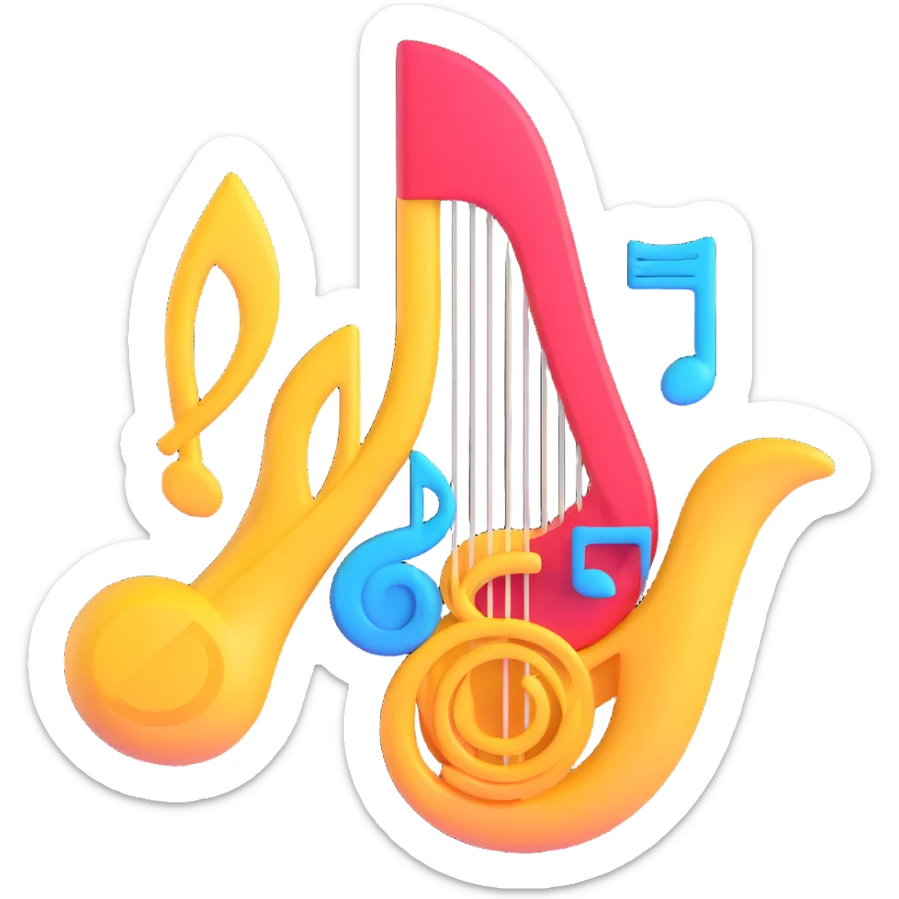 A 3D emoji showcasing a lyre at the center, adorned with bright, flowing shapes and icons of various art forms, including the text "МБУ центр досуга", in the style of Microsoft's 3D Fluent Emojis. sticker