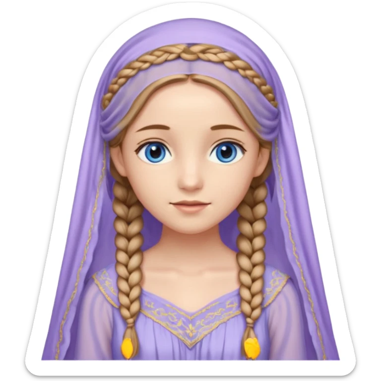 Joven de unos 20 años, de aspecto dulce y elegante.
Piel clara, ojos (pueden ser azules o verdes)
Rubio o castaño claro, largo, con trenzas o velo.
Vestido largo de tonos suaves (blanco, azul o lavanda), con bordados dorados; un manto o toca fina cubriendo la cabeza. se vea todo el cuerpo sticker
