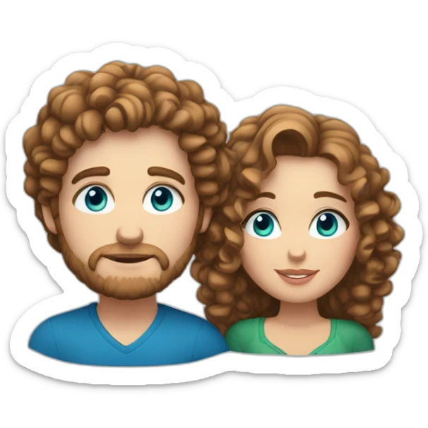 Couple, white European man with brown curly hair and bright blue eyes. chubby wphite woman with long light brown curly hair and blue-green eyes. sticker