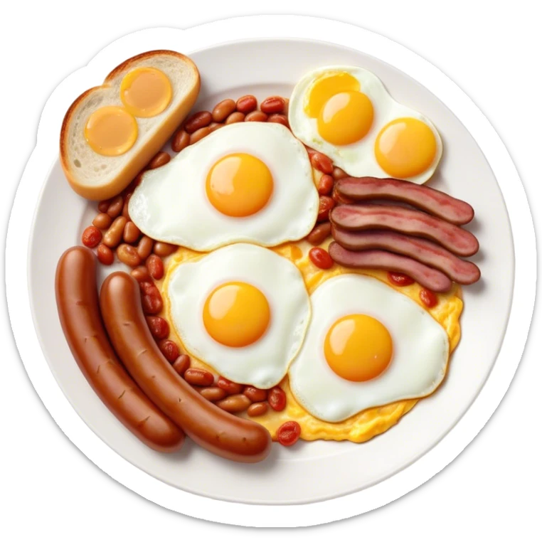 Cinematic Realistic English Breakfast Dish Emoji, showcasing a hearty ensemble of eggs, bacon, sausages, baked beans, and grilled tomatoes rendered with lifelike texture and vibrant, appetizing detail that exudes comforting tradition. sticker