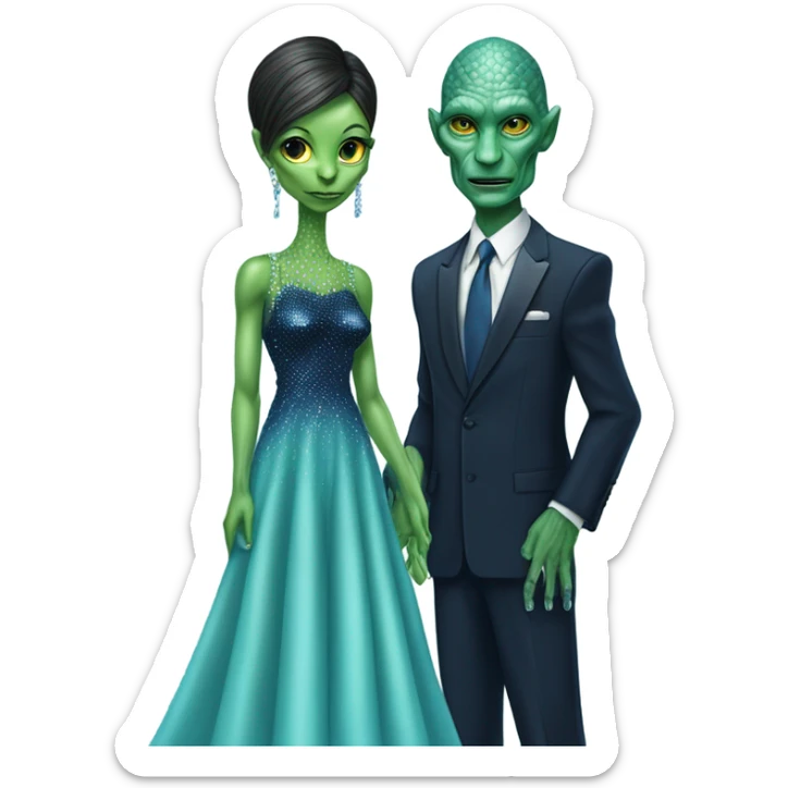 reptilian alien green skin woman, in long slim pastel blue formal party satin dress with gradient shiny sparkling navy blue diamonds embroidered , and caucasian man in black dres sticker