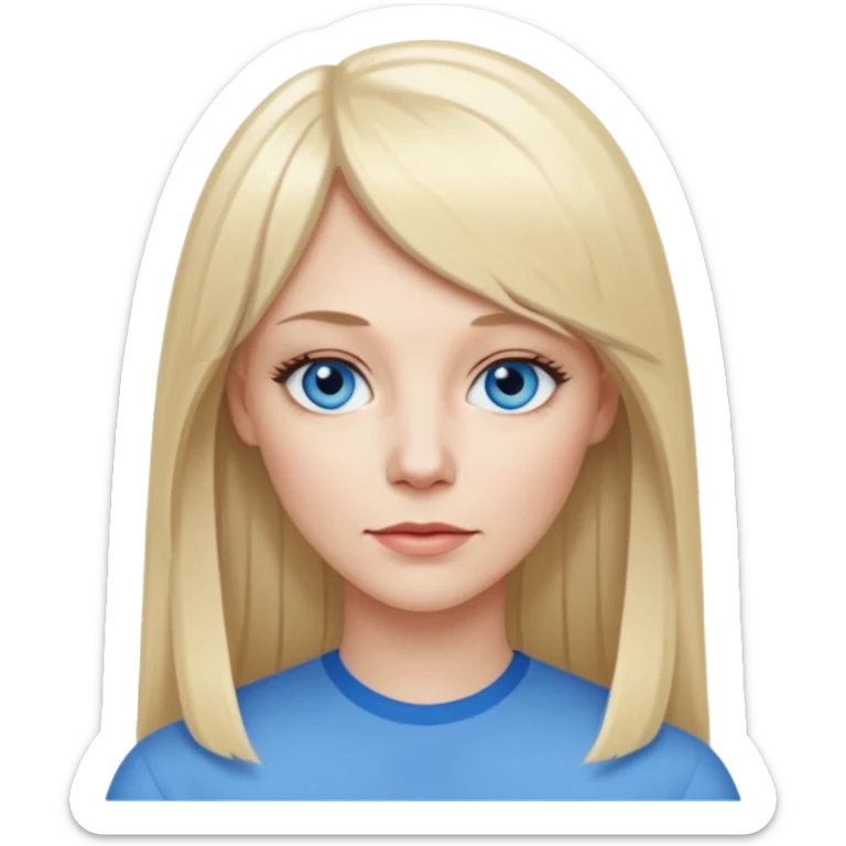 40 yr old white woman, pale skin, long straight blond hair parted in center, blue eyes, bangs sticker