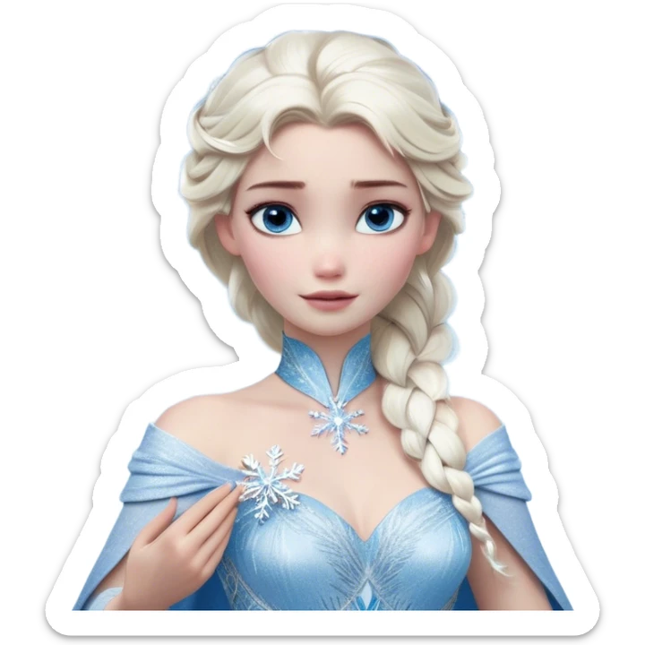 Cinematic Realistic Elsa Portrait, depicted with lifelike skin texture, soft natural lighting, and intricately detailed platinum blonde hair styled elegantly. Her striking, expressive blue eyes exude confidence and grace, complemented by a serene and regal expression. She holds a shimmering snowflake delicately in one hand, her other hand resting against her gown, embodying the power and beauty of winter. She is dressed in her signature icy attire, with shimmering fabric textures and delicate folds that catch the light beautifully. The portrait features a soft, enchanting glow with a cool, radiant finish, capturing the essence of timeless elegance in a realistic and painterly style. sticker