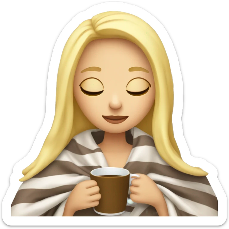 Blonde girl inside a blanket sipping coffee eyes closed sticker