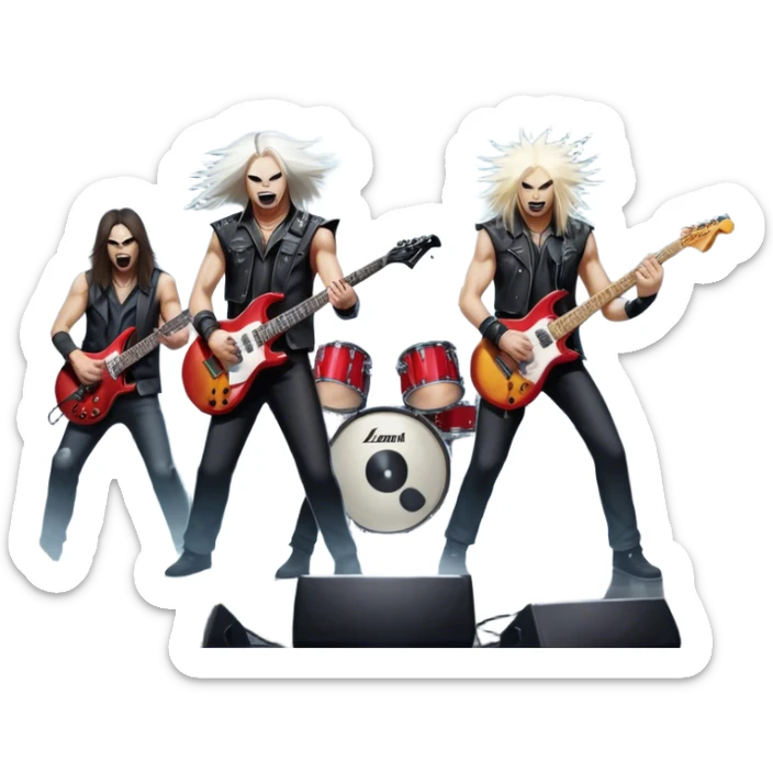 Icon for Heavy Metal Music: 4 men band on stage with electric guitars, drums and intense lighting. 4 Musicians headbanging, surrounded by energy and stage effects, capturing the power and intensity of a metal concert. Transparent background. sticker