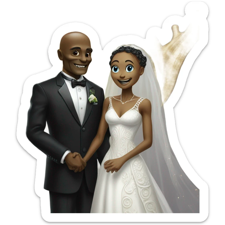 Alien reprilian woman in wedding dress and one humman man in a tuxedo holding hands getting married sticker