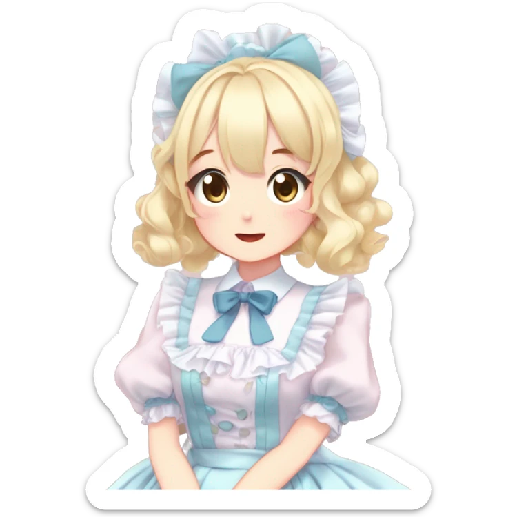 Gorgeous anime style girl blushing face maid outfit Lolita idol model colorful shiny sparkle kawaii pastelcore cottagecore pearly petite simplistic aesthetic trending style blonde hair sticker