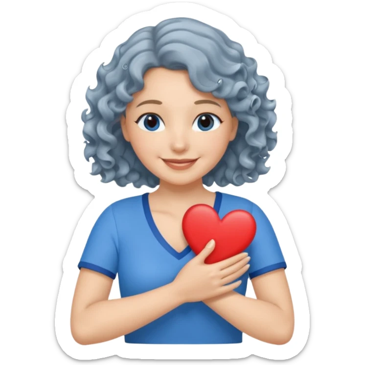 Silver, wavy/curly hair chin-length lady giving hug with 2 arms, blue v-neck and smiling, add a heart, not blue hair sticker