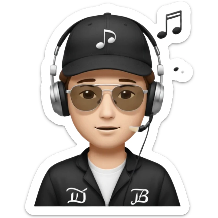 dj man white with baseball cap - rayban Sun Glasses 80s - brown hair - closed eyes with headphones on with musical note over head (listening to music ) - eyes closed no glasses - black hat  musical notes floating around head - DJ DLG written on hat sticker