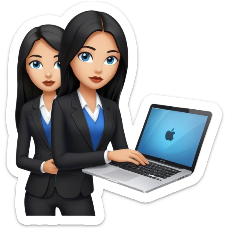 Model glamours tanned beautiful girl with pump nude lips and black straight long hair, straight hair parting, blue eyes with MacBook and black, black suit vest, V-neck sticker