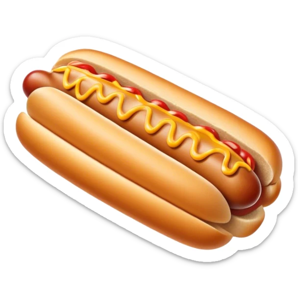 Cinematic classic hot dog, nestled in a soft toasted bun, drizzled with mustard and ketchup, juicy and flavorful, warm golden tones, ultra-detailed and mouthwatering. sticker