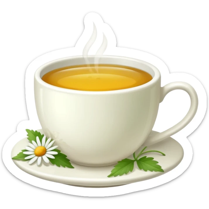 Te de manzanilla - taza blanca con una hoja a un lado del plato- No dentro sticker